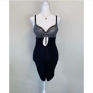 Vintage Black Studded Ruched Body-con Mini dress. Size Small.
